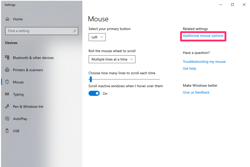 Mouse settings, Additional mouse options link