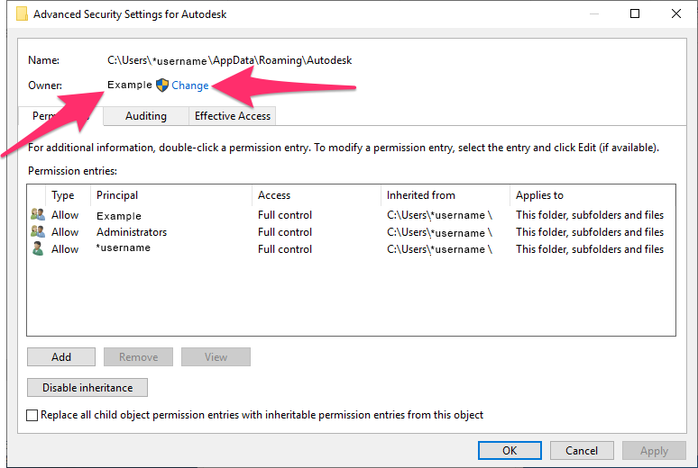 Advanced Security Settings for Autodesk dialog box, Change button