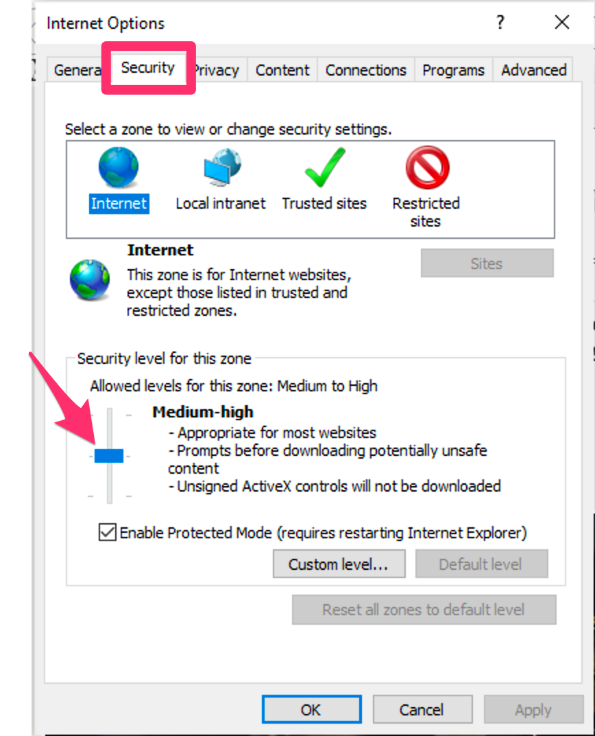 Internet Explorer Internet Options, Security tab, Medium-high slider setting