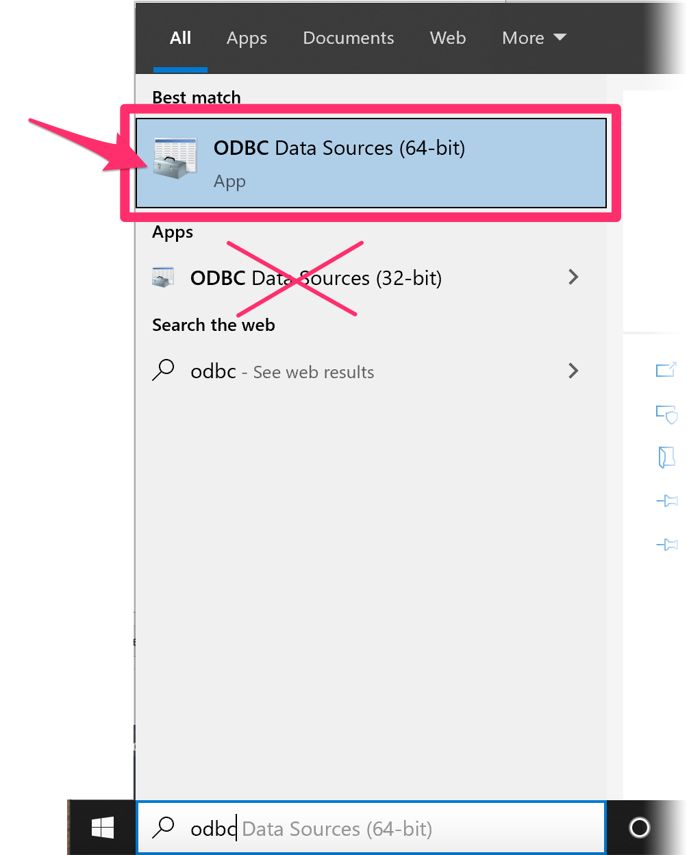 Windows Start menu, ODBC Data Sources (64-bit) option