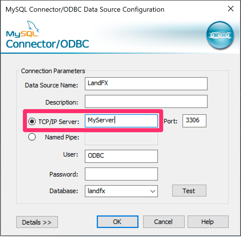 Server name in the TCP/IP Server field