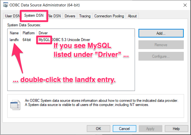 ODBC control panel with MySQL listed under Driver