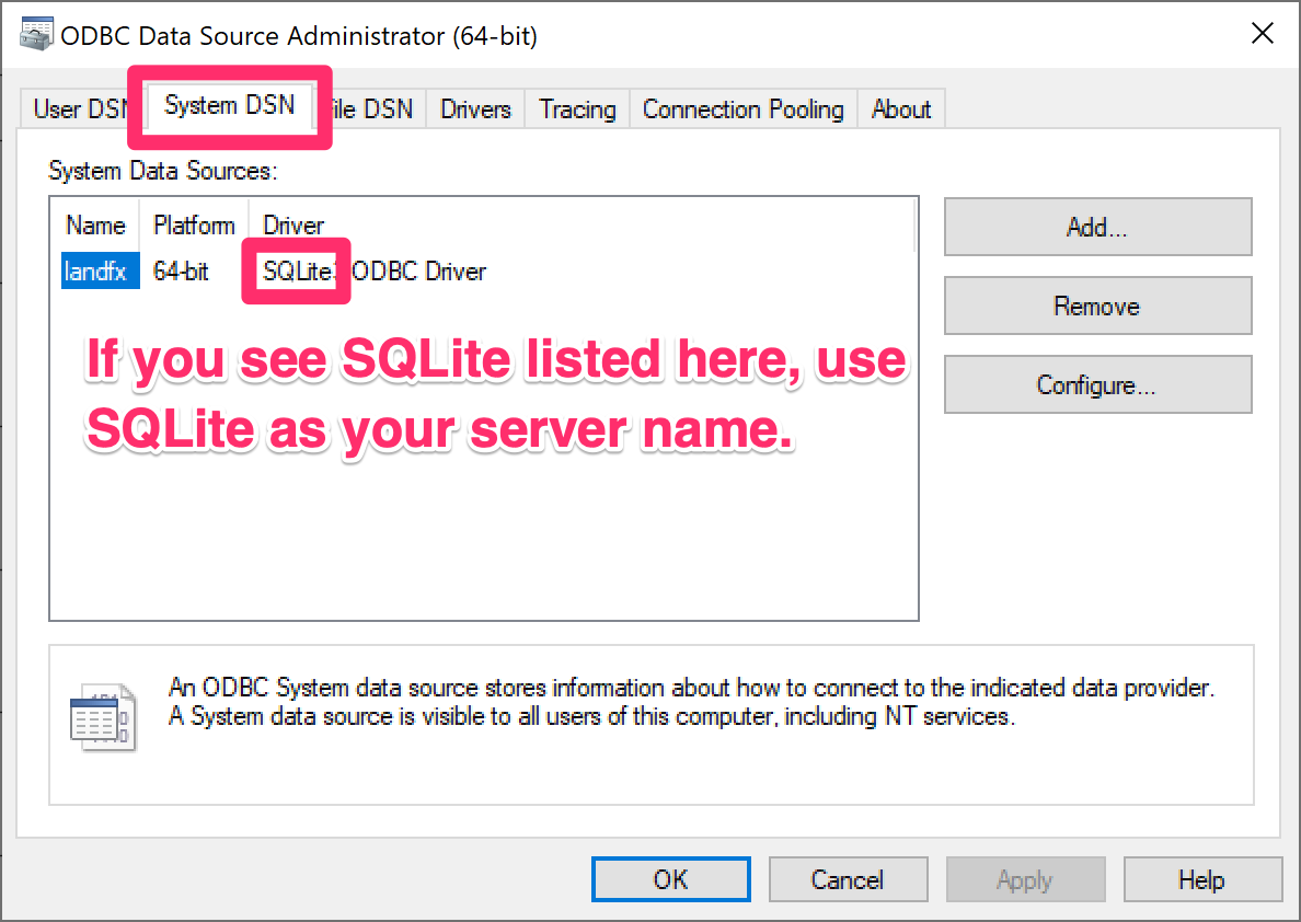 ODBC control panel with SQLite listed under Driver