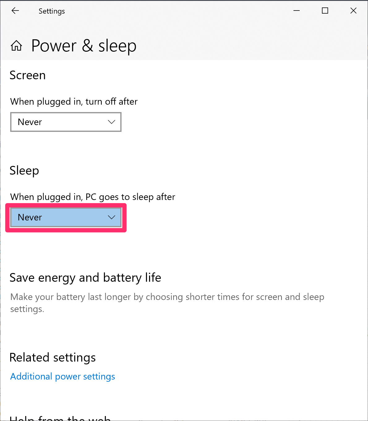 Sleep menu, Never option
