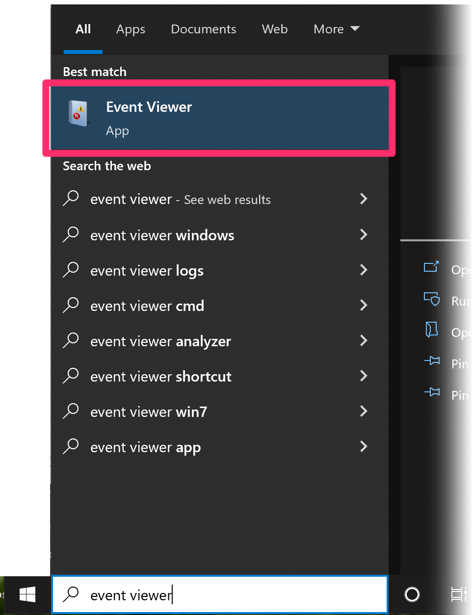 Start menu, Event Viewer option