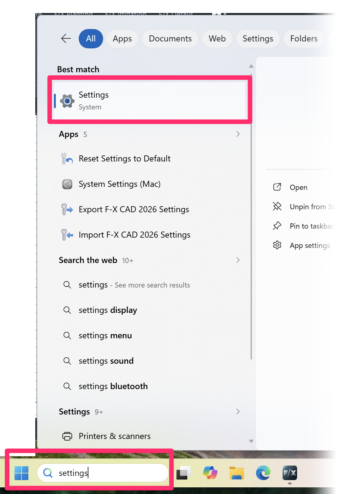 Windows Start menu, Settings option