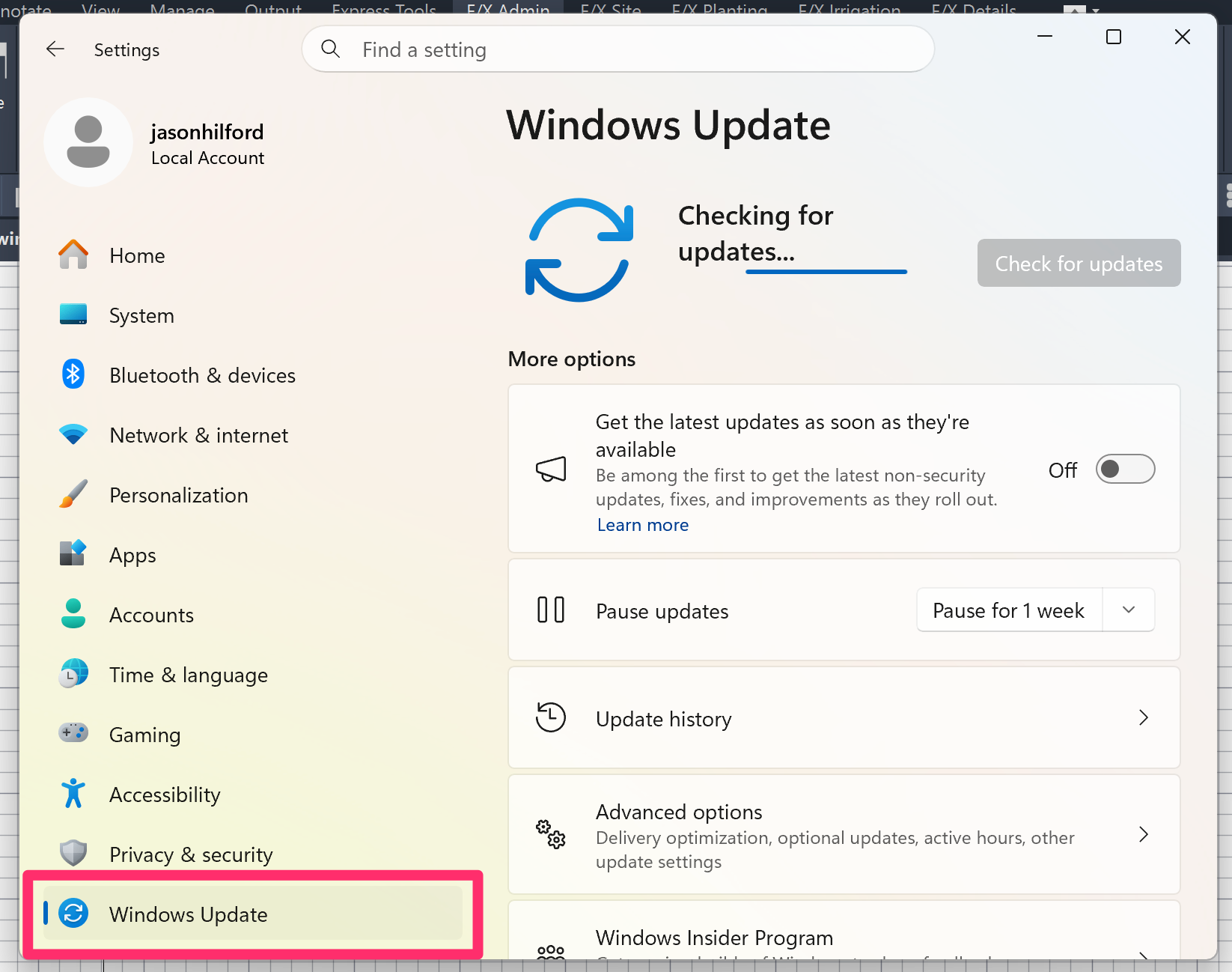 Windows Settings dialog box, Windows Update tab