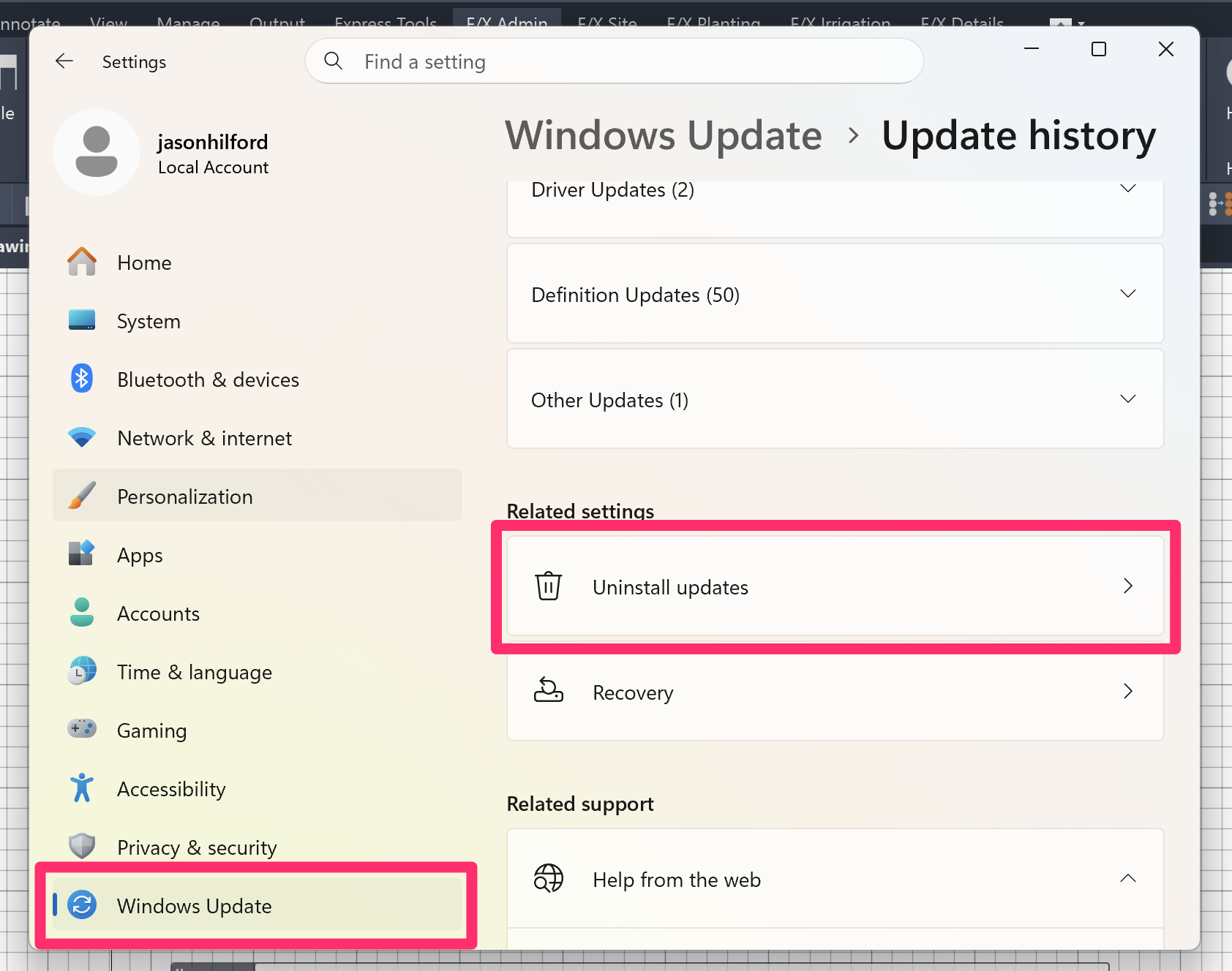 Windows Settings dialog box, Windows Update tab with option to Uninstall updates