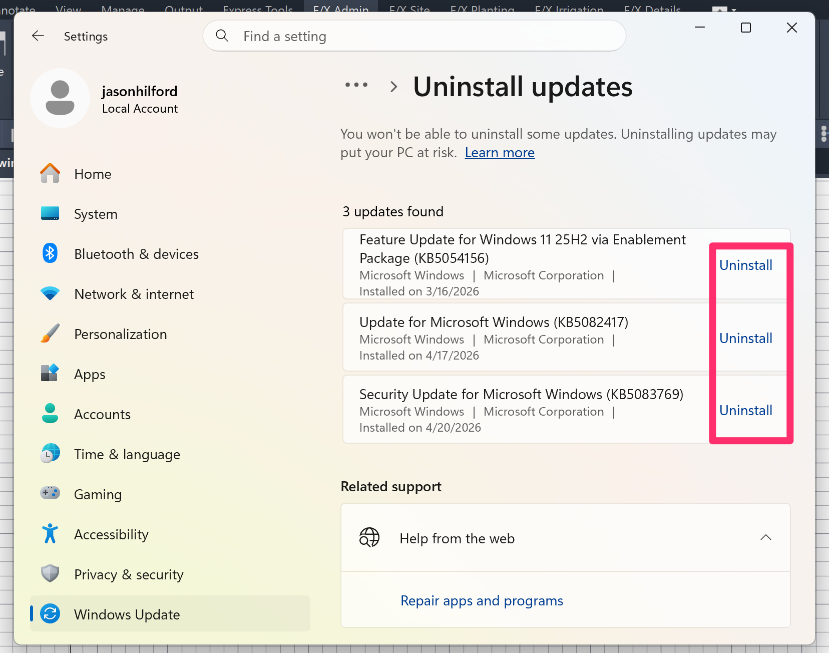 Windows Settings dialog box, Windows Update tab with options to uninstall specific updates