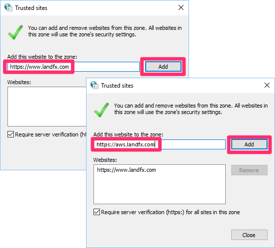 Adding a URL to trusted sites in the Internet Properties dialog box