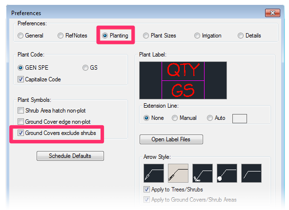 Planting Preferences screen, Ground Covers Exclude Shrubs option selected