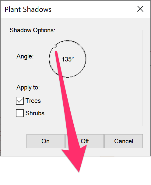 Angle of shadows setting 135