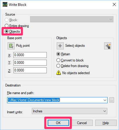 Write Block dialog box, Objects option