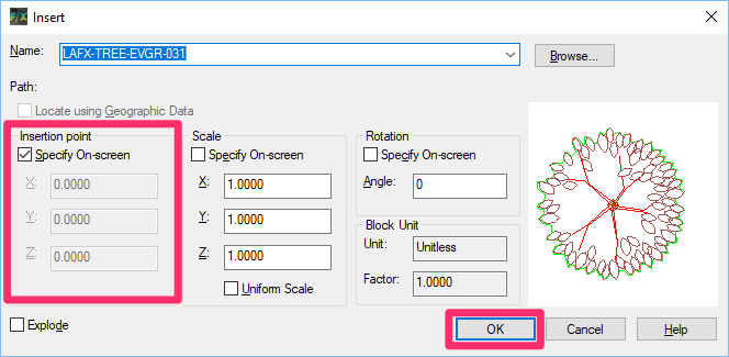 Insert dialog box, Insertion Point settings