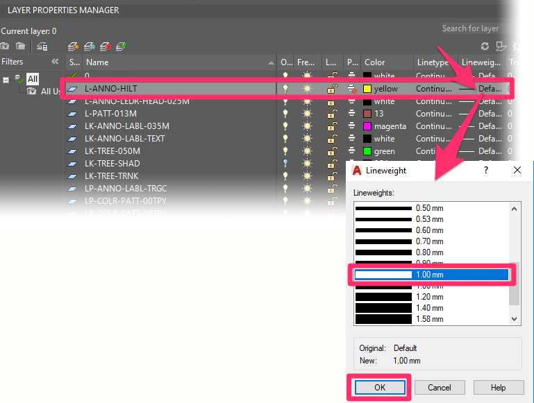 Changing the L-ANNO-HILT layer's Lineweight setting in the Lineweight dialog box