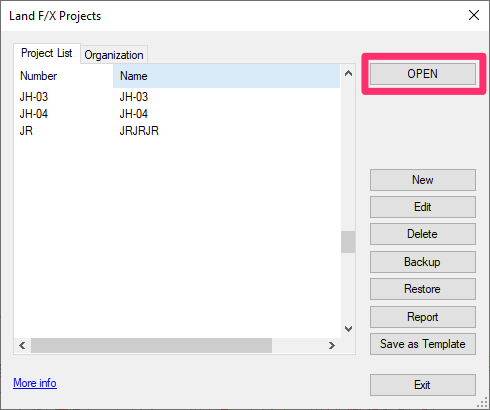 Land F/X Projects dialog box, selecting a project