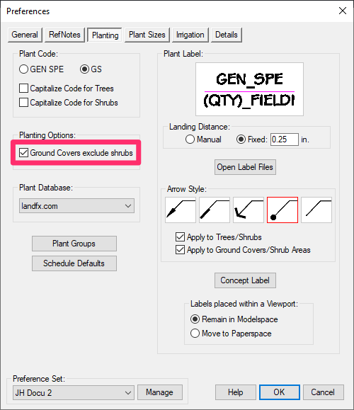 Planting PReferences screen, Ground Covers Exclude Shrubs option selected