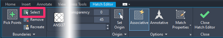 Hatch Editor ribbon, Select button