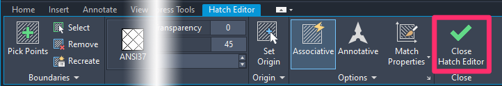 Hatch Editor ribbon, Close Hatch Editor button