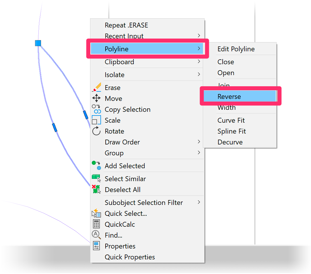 Select polyline boundary, right-click, hover on Polyline menu option, then select Reverse from the submenu