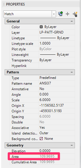 Properties panel, Geometry section showing an Area entry for a correctly drawn polyline boundary