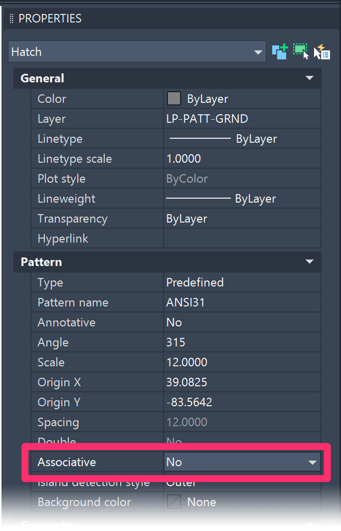 Properties panel, Associative setting set to No