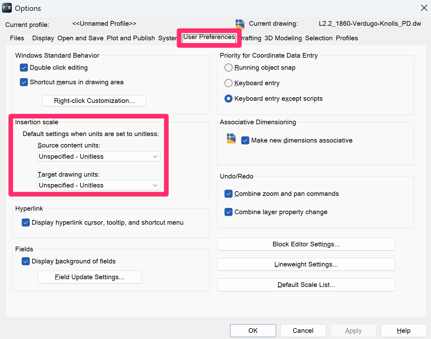Options dialog box, User Preferences tab with Source content units and Target drawing units both set to Unitless
