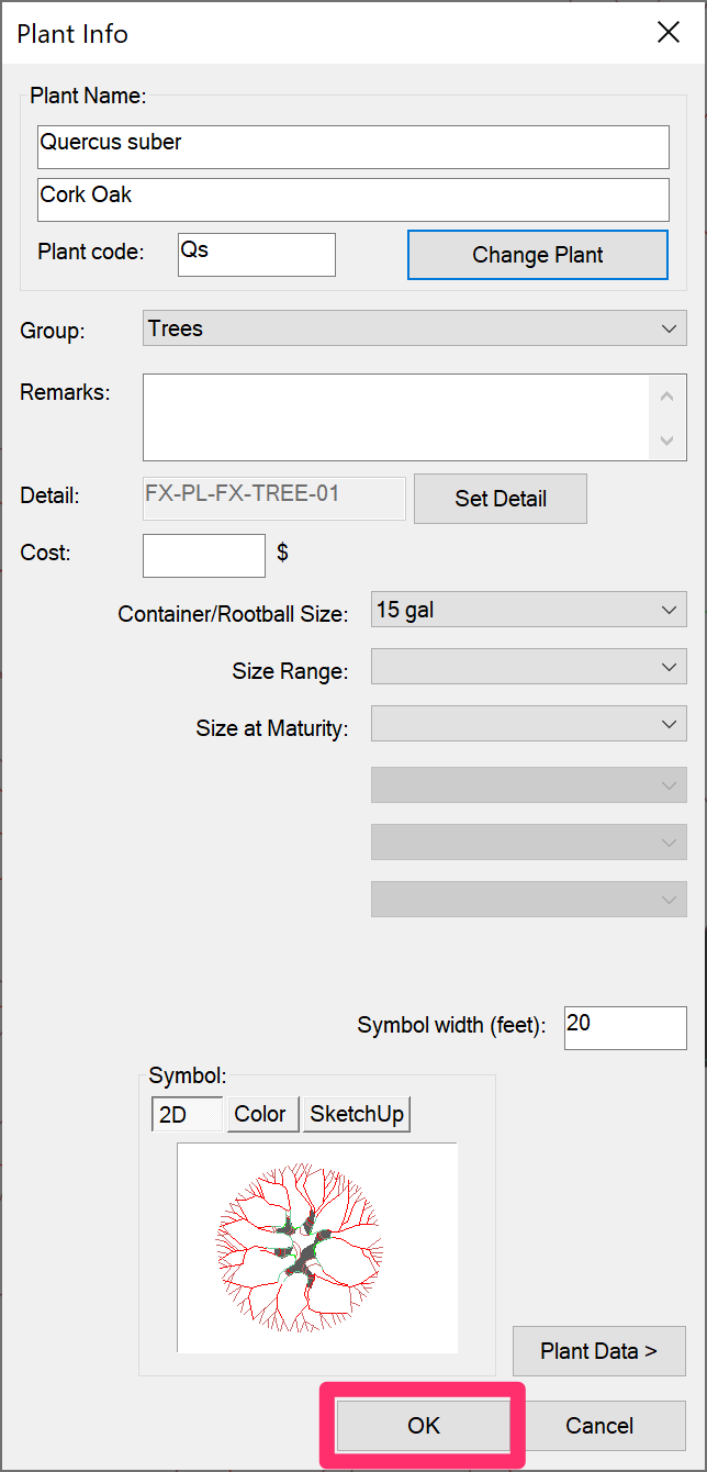 Plant Info dialog box