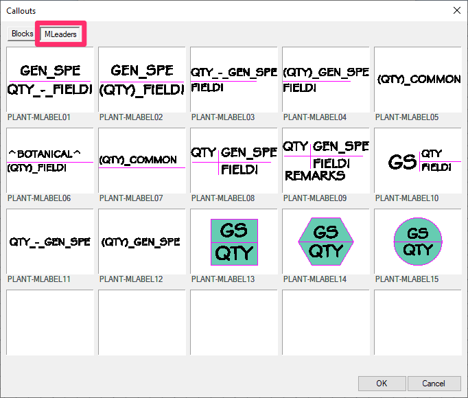 Plant label styles, MLeaders tab