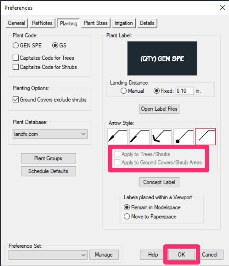 Planting Preferences, Apply options deselected and grayed out