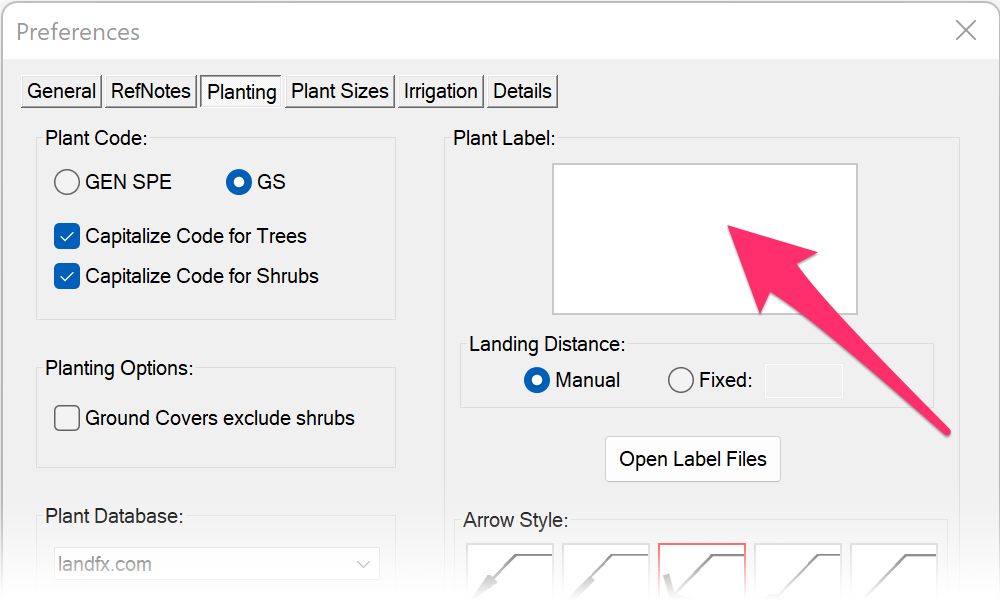 Selecting a new plant label style from the Planting Preferences screen