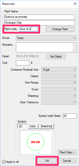 Plant Info dialog box, Plant Code field