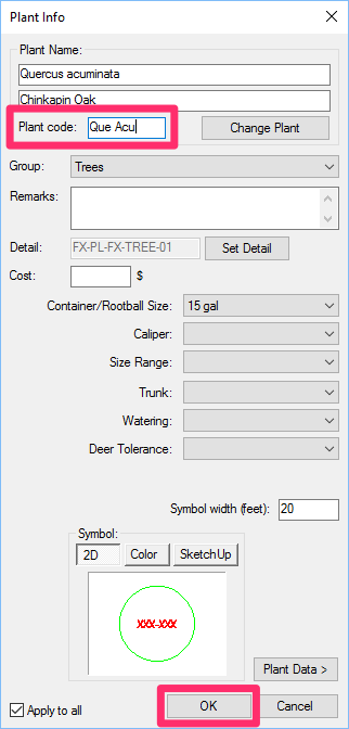 Plant Info dialog box with plant code including characters from original code but internal letters in lowercase