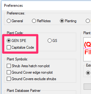 Planting Preferences, GEN SPE plant code option selected, Capitalize Code option unchecked