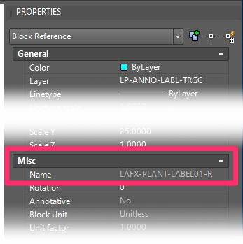 Properties panel, Misc section, Name listing