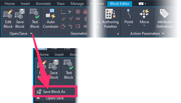 Block Editor, Open/Save menu, Save Block As option