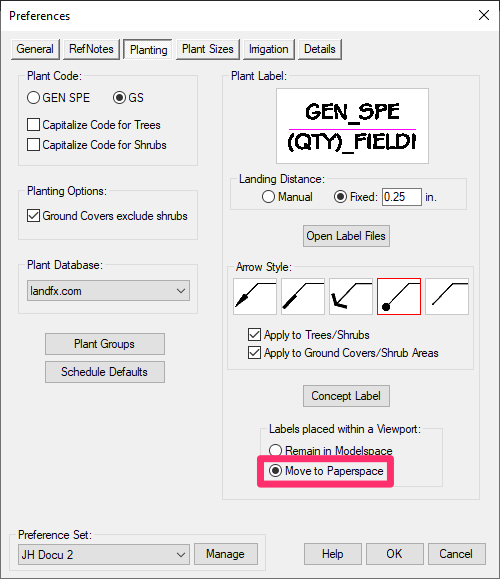 Planting Preferences screen, Move to Paperspace option selected