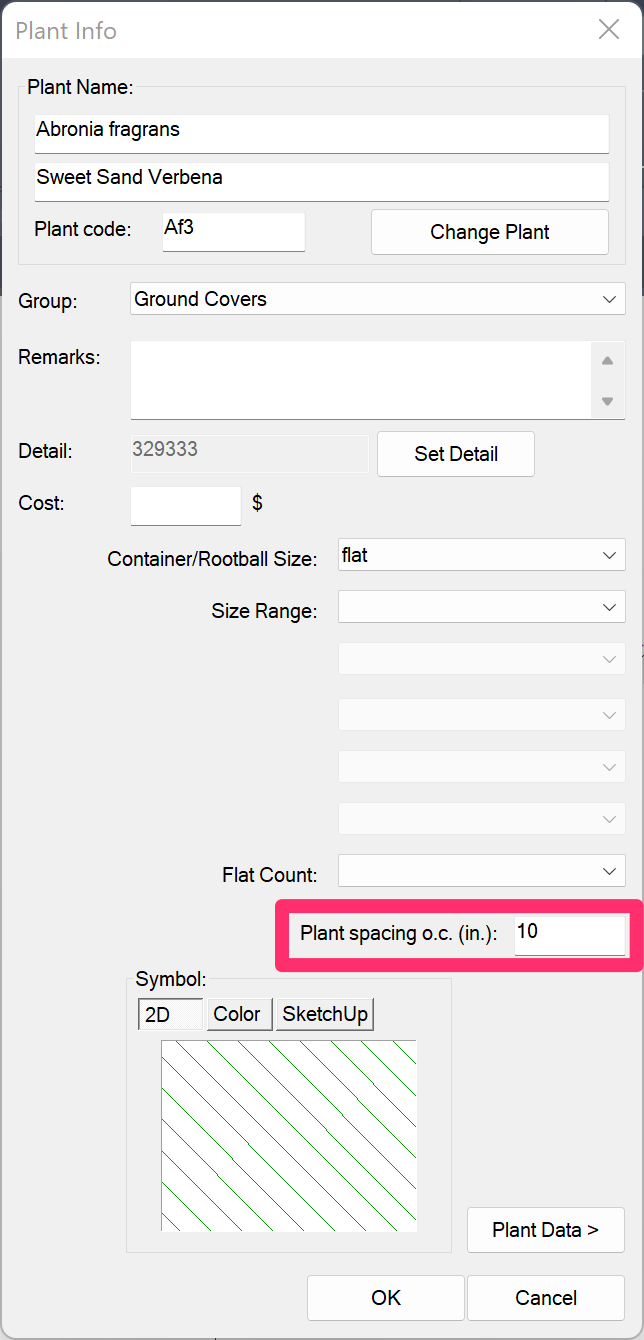 Plant Info dialog box, Plant spacing value in inches
