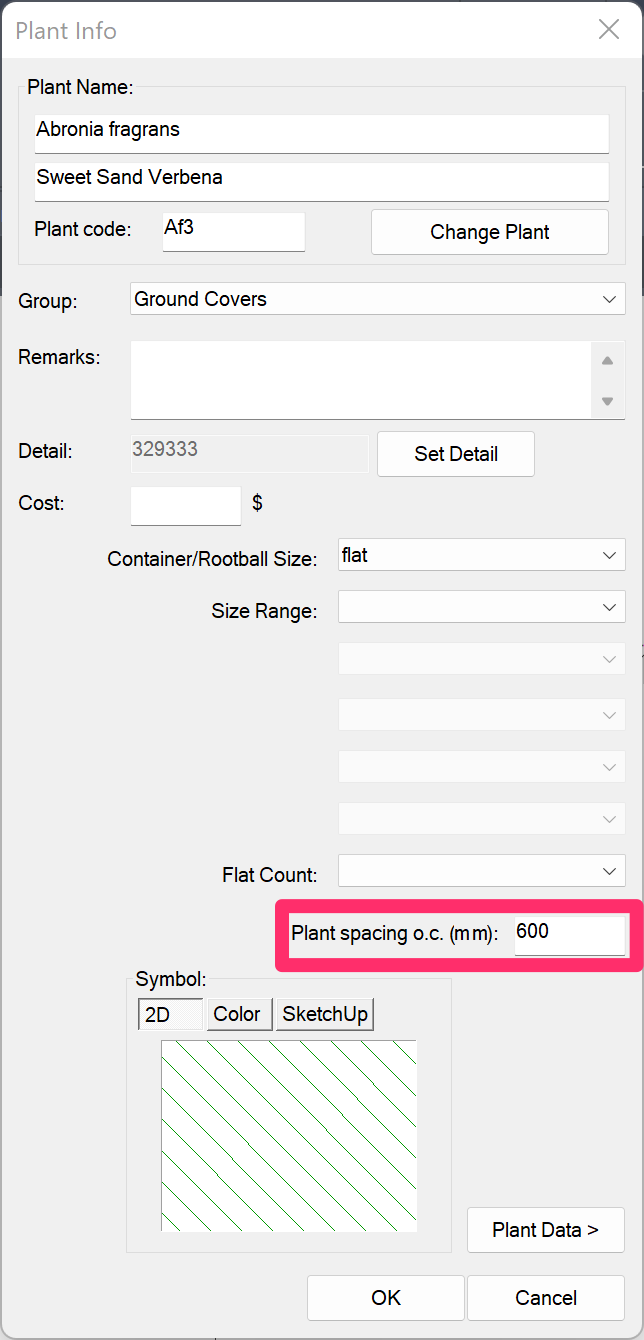 Plant Info dialog box, Plant spacing value in millimeters