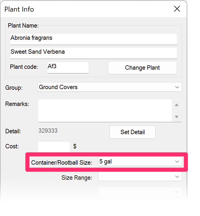 Plant Info dialog box, Container size entry
