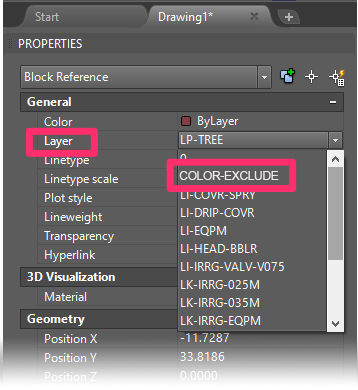 Properties panel, Layer menu, COLOR-EXCLUDE layer