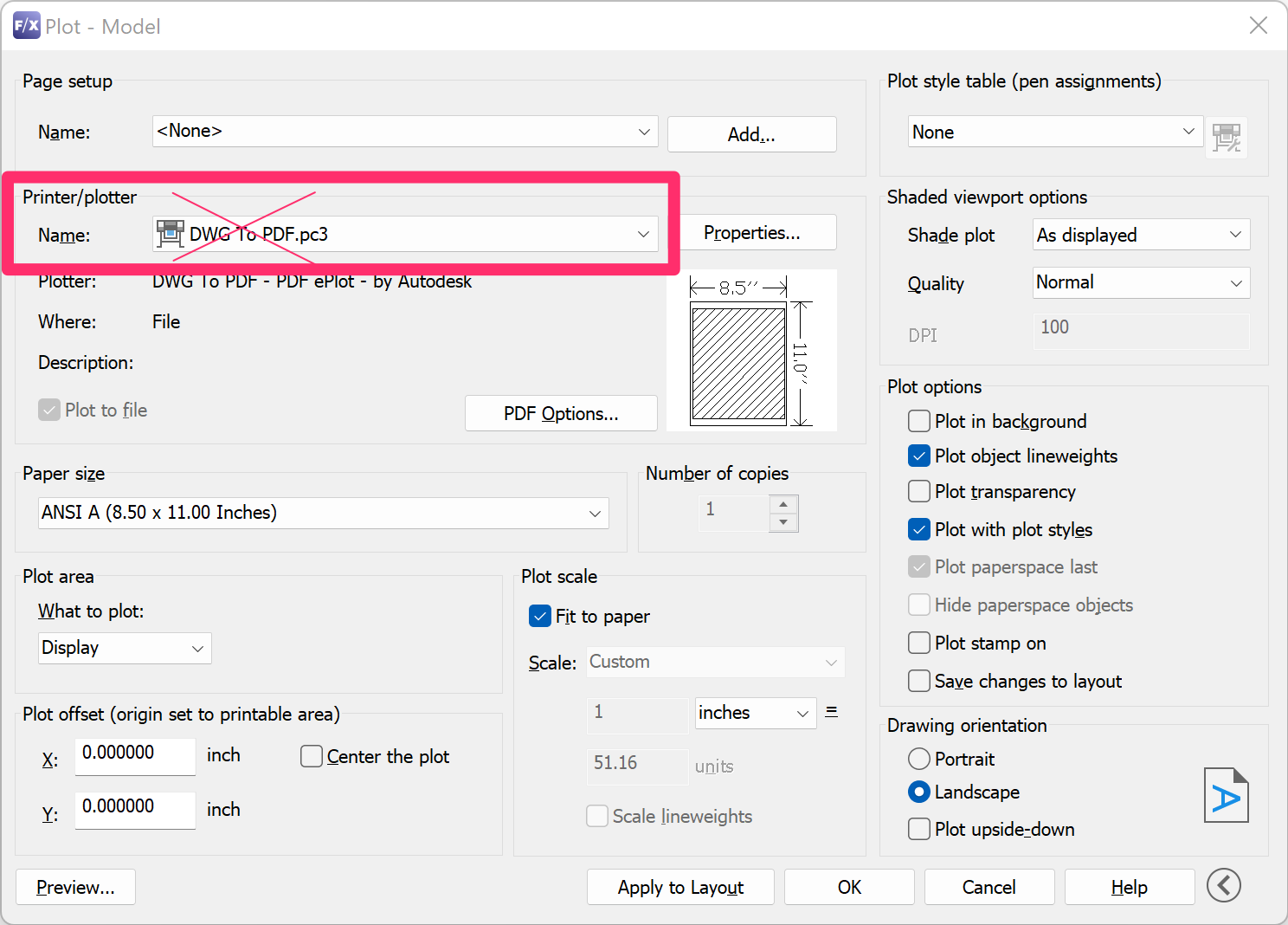 Plot dialog box, DWG to PDF option not recommended