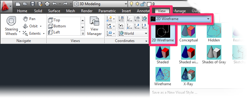 View ribbon, Visual Styles menu, 2D Wireframe option