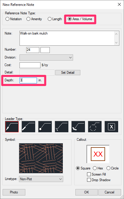 New Reference Note dialog box, Depth setting