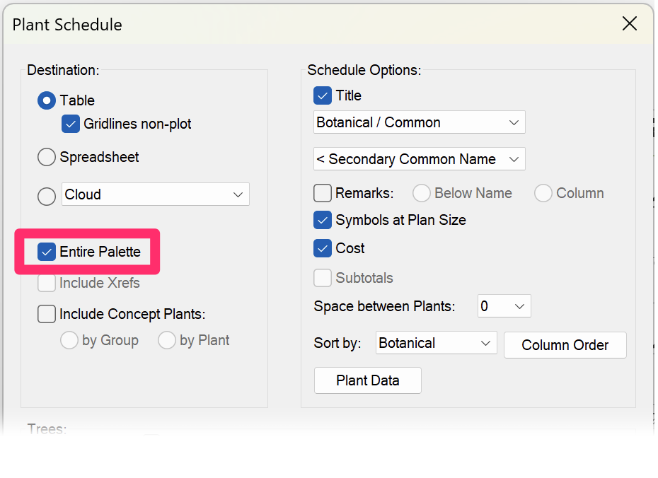 Plant Schedule dialog box, Entire Palette option selected