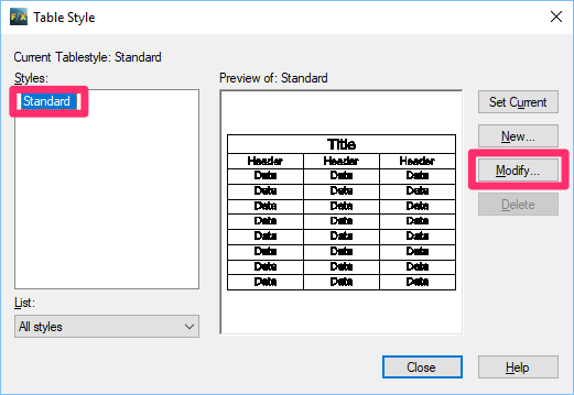 Table Style dialog box, Standard style, Modify button