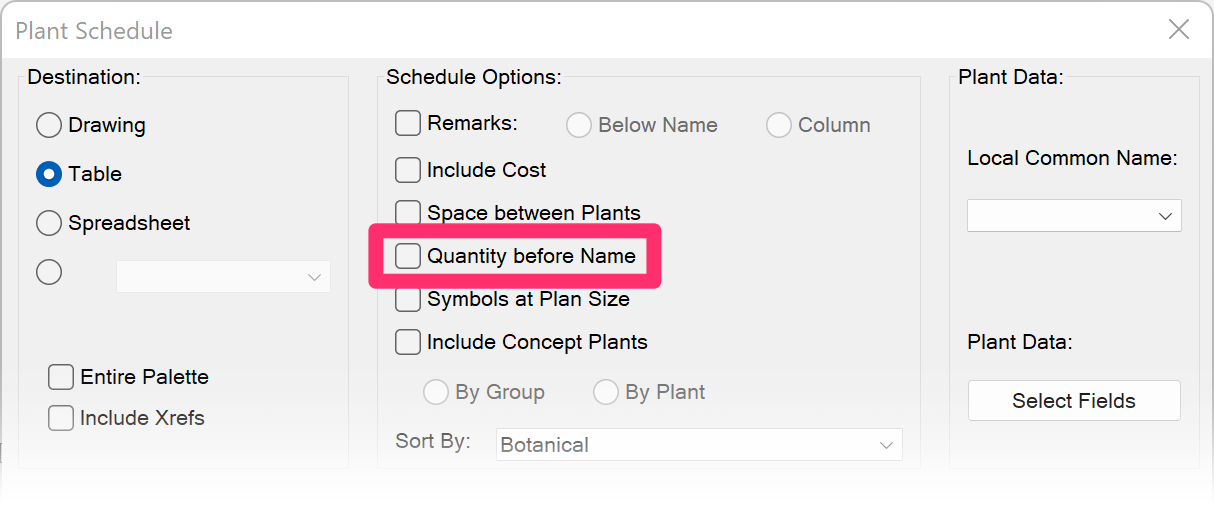 Plant Schedule dialog box, Quantity before Name option unchecked