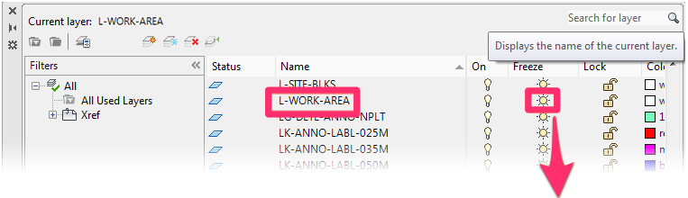 Layer Properties Manager, sun icon in Freeze column