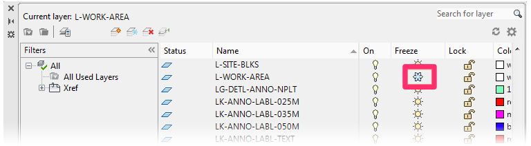 Layer Properties Manager, snowflake icon in Freeze column