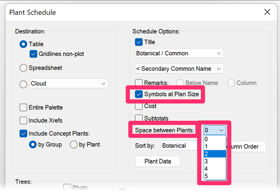 Plant Schedule dialog box, Space between Plants option checked and Symbols at Plan Size option checked
